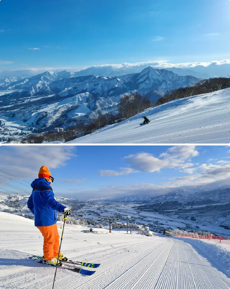 Snow-covered slopes and winter scenery viewed from Ishiuchi Maruyama Ski Resort.