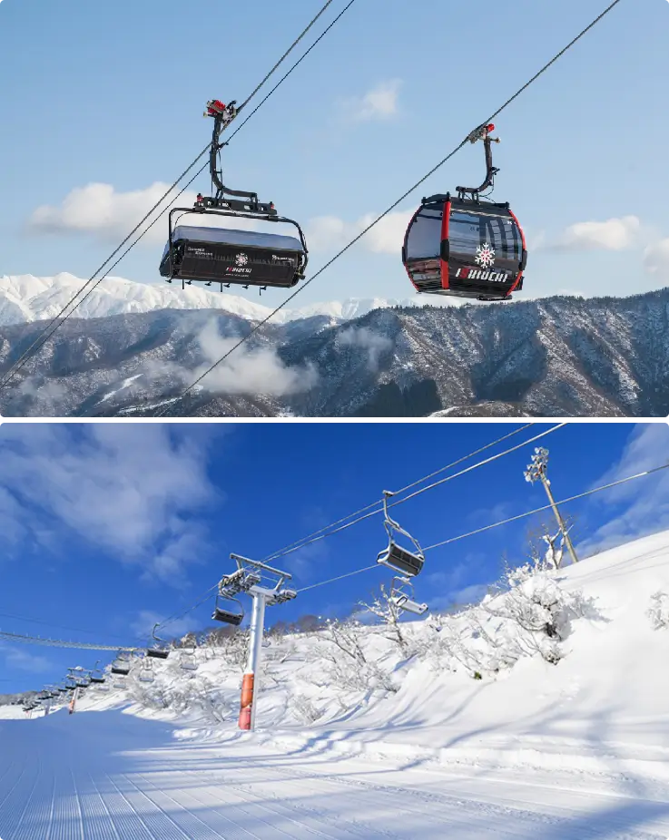 Skiers and snowboarders using lifts and gondolas at Ishiuchi Maruyama Ski Resort.