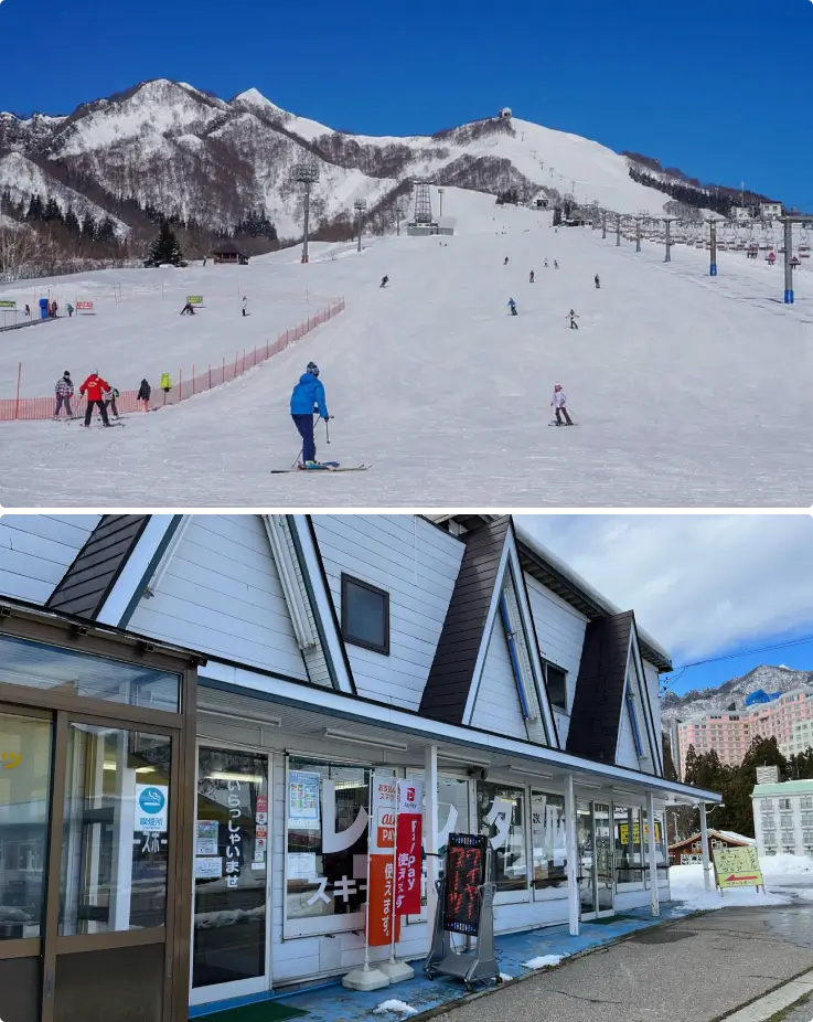 Snowboard and ski rental area with visitors preparing their gear at Iwappara Ski Resort.