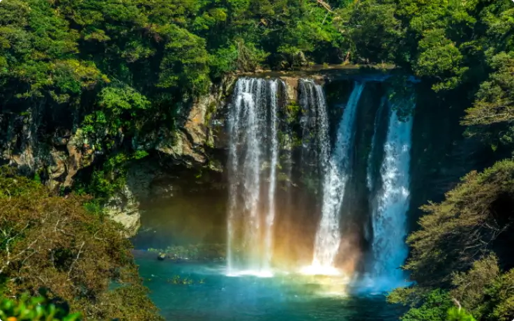 The majestic Cheonjiyeon Falls on the south side of Jeju Island.