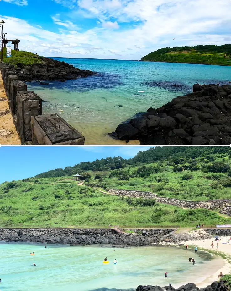 Clear blue waters of Jeju Hamdeok Beach in the summer