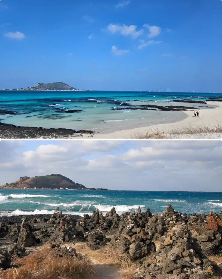 Clear waters and rocky shores of Hyeopjae Beach in Jeju