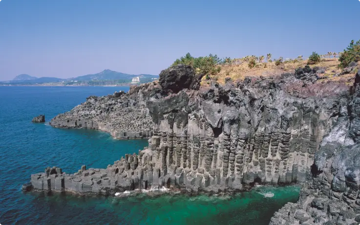 Stone pillars piled up along the coast at Jusangjeolli Cliff.