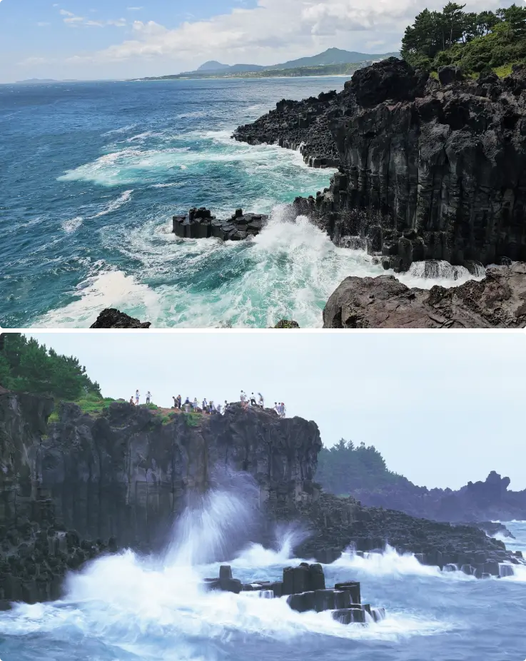 Waves crashing onto the rocky Jusangjeollidae Cliff.