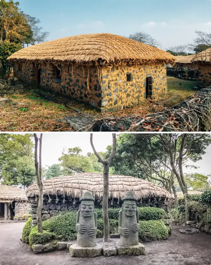 Preserved thatched roof houses at Seongeup Folk Village, Jeju Island