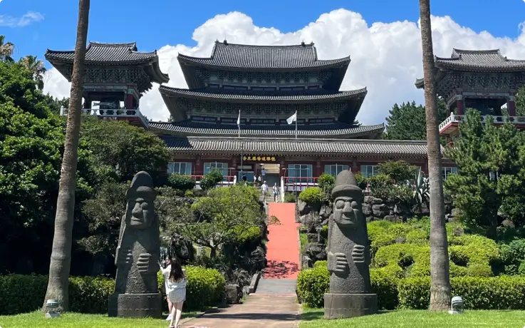 Entrance to Yakcheonsa Temple on Jeju Island.