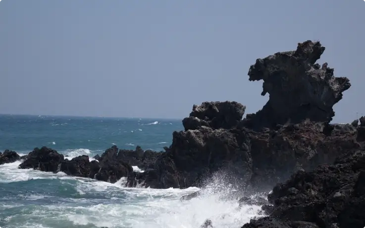 Black rock formations of Yongduam on the south side of Jeju Island.