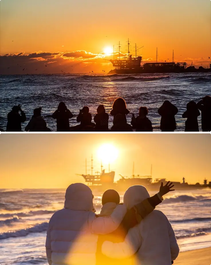 Visitors watching sunrise at Jeongdongjin Beach
