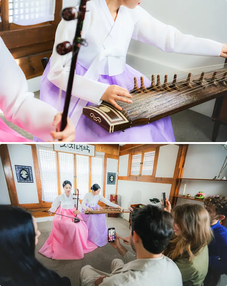 Close-up of performers in hanbok playing the gayageum and haegeum during the Jinyeon performance.