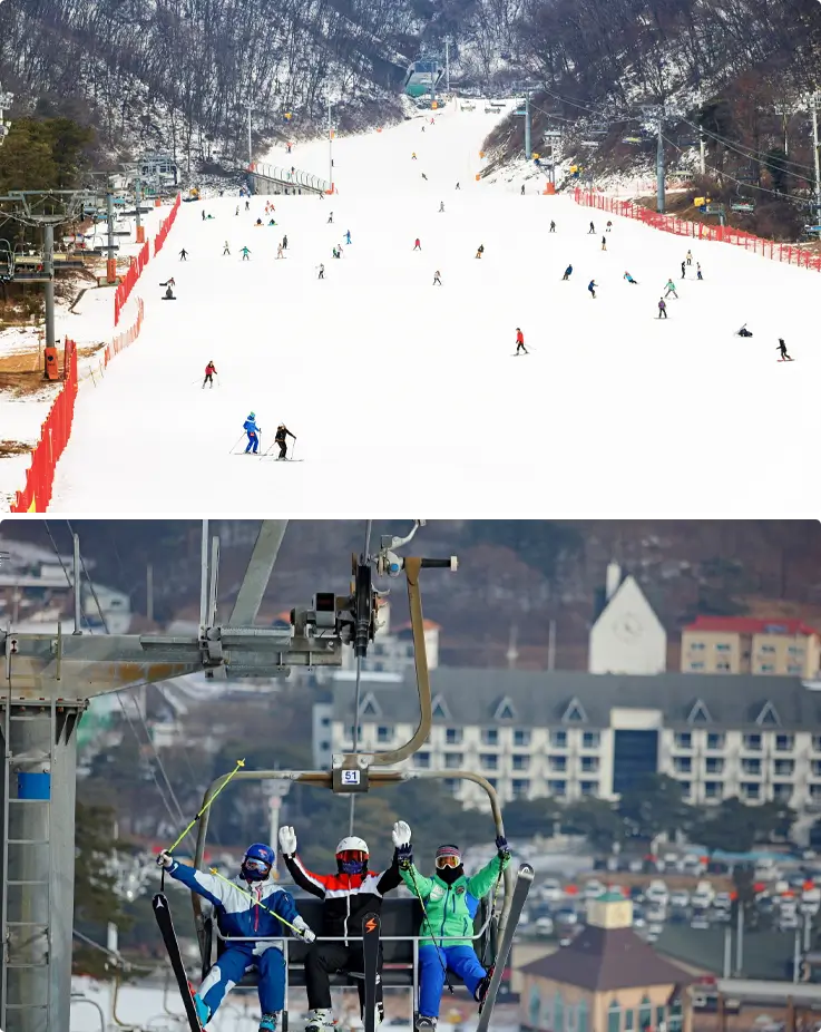 Top shows visitors skiing and snowboarding on a slope while the bottom shows visitors riding a ski lift at Jisan Ski Resort