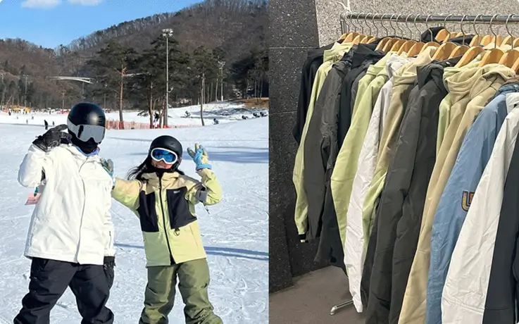 High-quality ski clothing neatly displayed on a rack for selection.