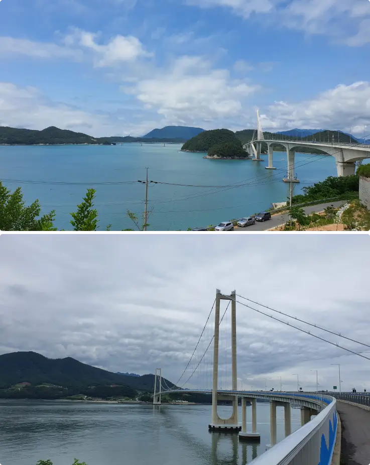 Palyeongdaegyo Bridge with suspension cables spanning across the sea and islands