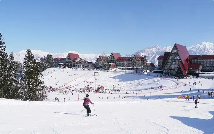 Panoramic snowy mountain view at Joetsu Kokusai Ski Resort, Niigata.
