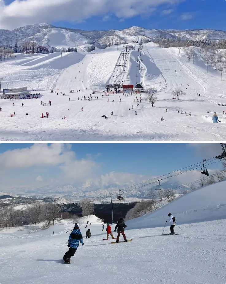 Skiers and snowboarders enjoying snowy slopes at Joetsu Kokusai Ski Resort with rental equipment and lifts included