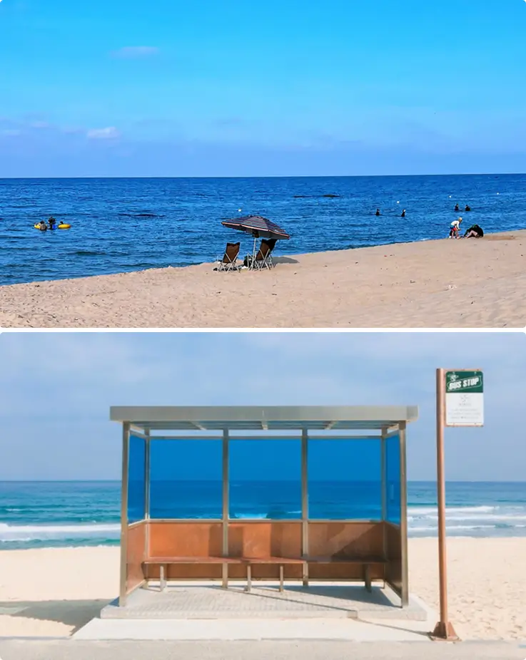 Clear waters of Jumunjin Beach and the famous BTS Bus Stop.