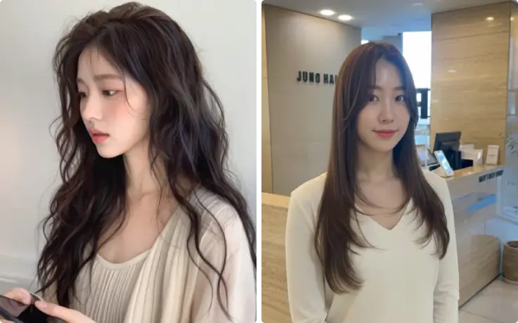 Natural perm and layered hairstyles styled at JUNO Hair hair salon in Seoul.