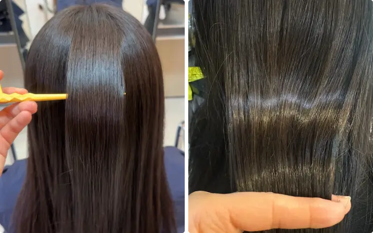 Combing through nourished hair after an intensive hair treatment.