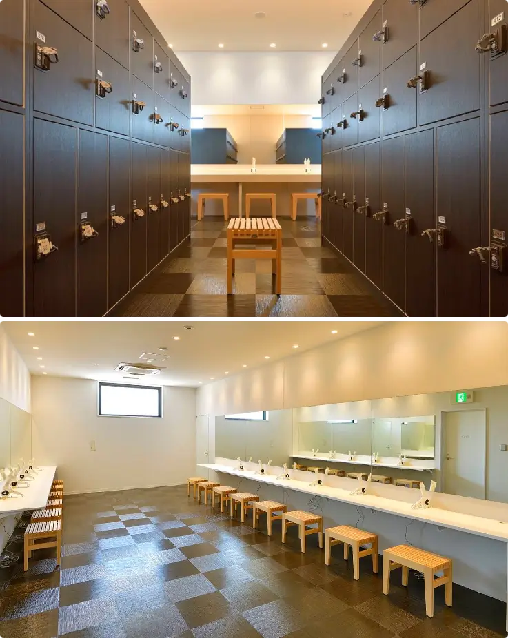 Neat changing room and amenities at Senshu-no-Yu hot spring