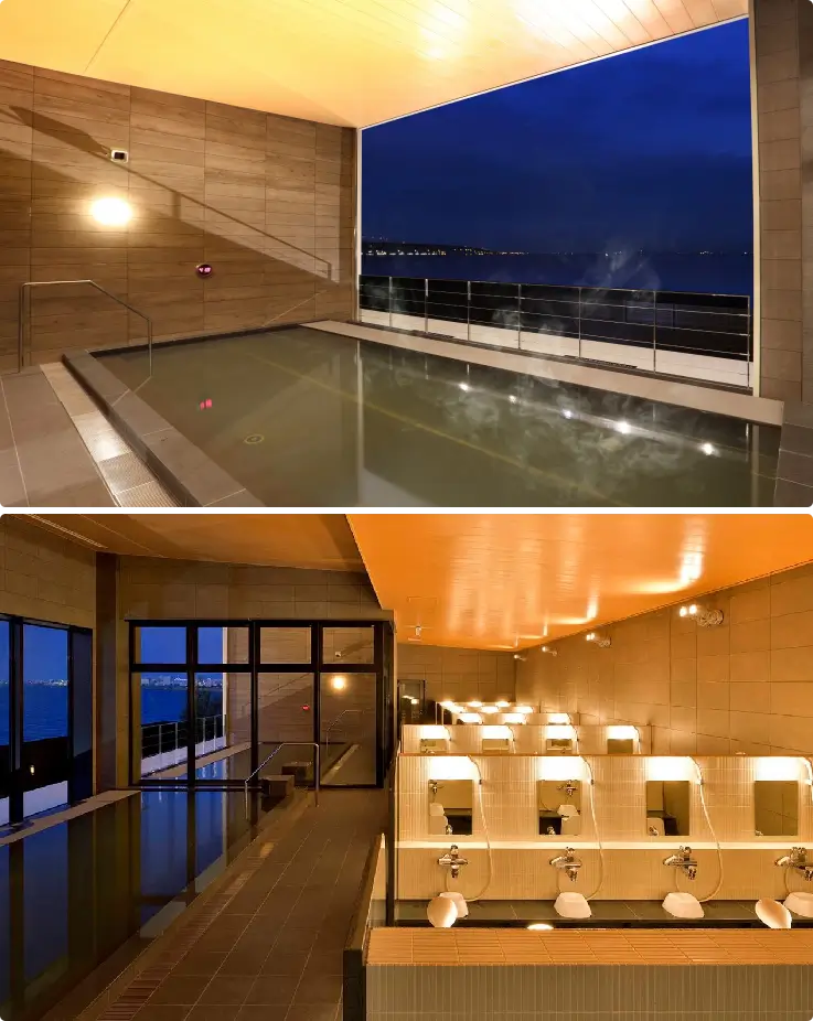 Outdoor hot spring bath under the night sky at Senshu-no-Yu near Kansai Airport