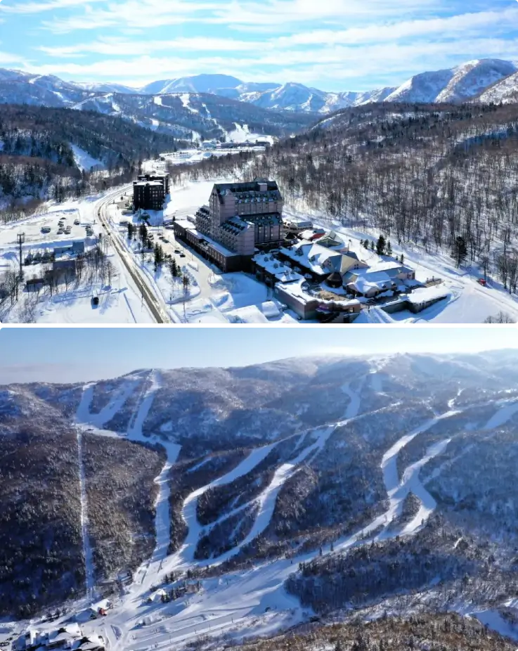 Birds-eye view of the snow slopes at Kiroro Resort in Hokkaido, Japan.