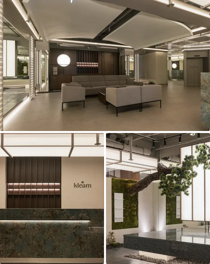 Modern reception area of Kleam Beauty Clinic in Myeongdong.