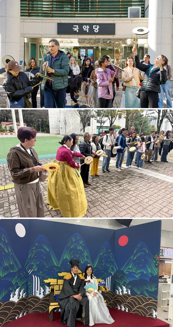 Visitors enjoying traditional games, folk music, and taking photos in the photo zone at the Gyeonggi Gugak Center