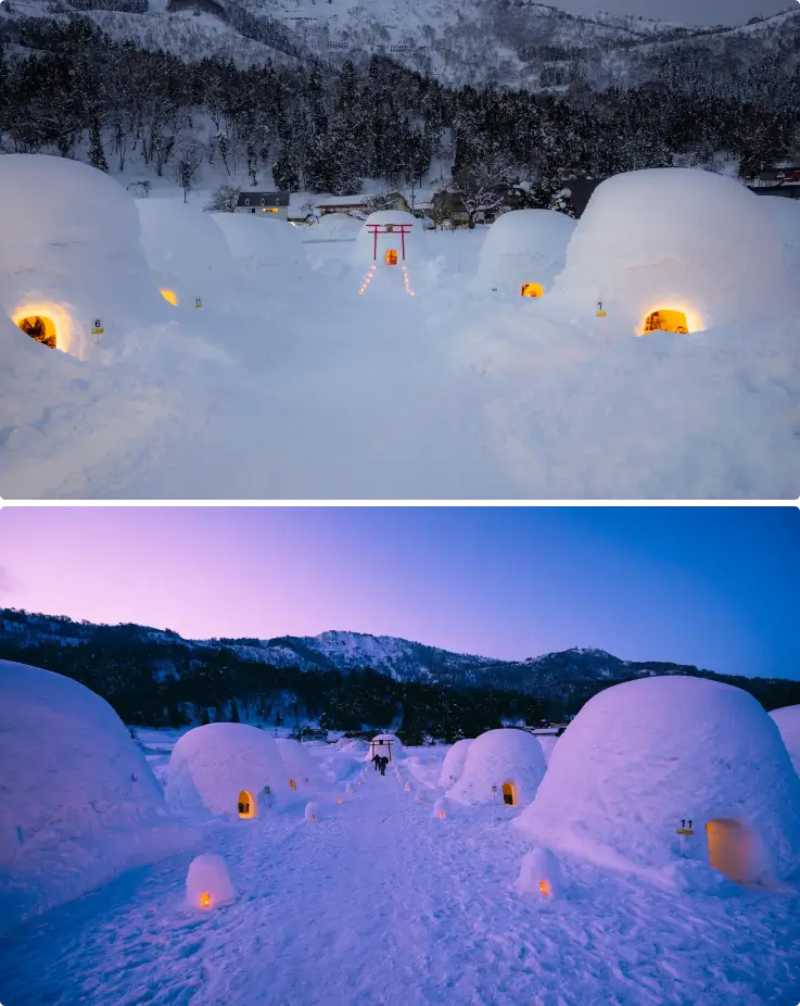 Kamakura no Sato in winter, showing daytime and nighttime views with snow-covered traditional buildings