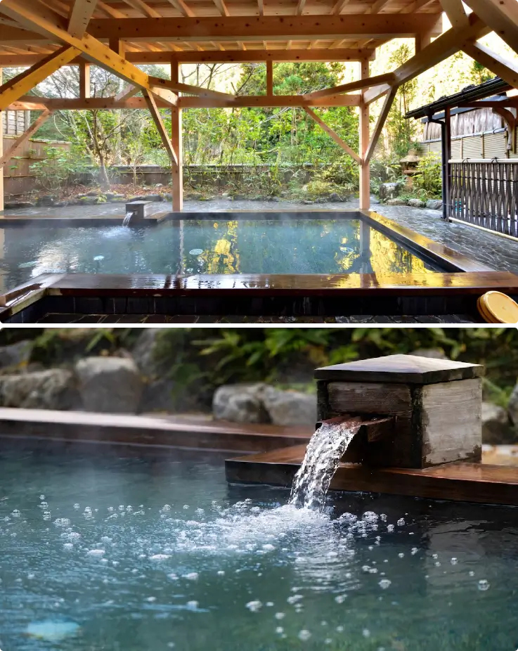 Outdoor hot spring bath with mountain view at Kurama Onsen in Kyoto.