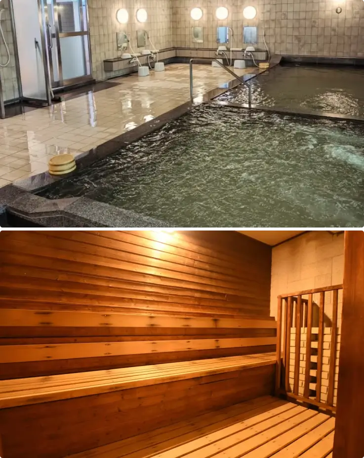 Indoor bath and sauna area at Kurama Onsen, Kyoto.