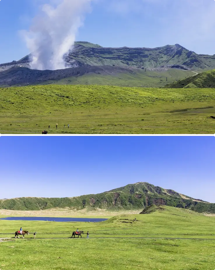 Wide grassland and volcanic scenery at Kusasenrigahama near Mount Aso
