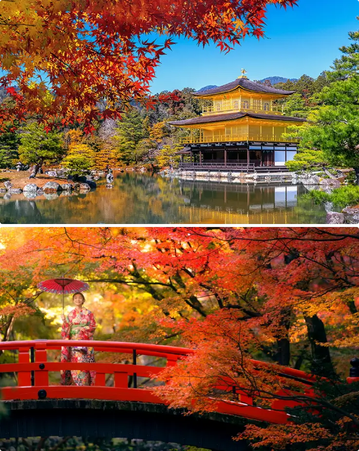 Kinkakuji Temple surrounded by autumn foliage reflected in the pond