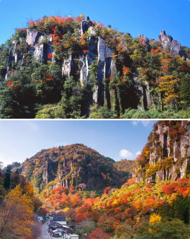 Hitome Hakkei Observation Deck overlooking autumn-colored mountains and valleys
