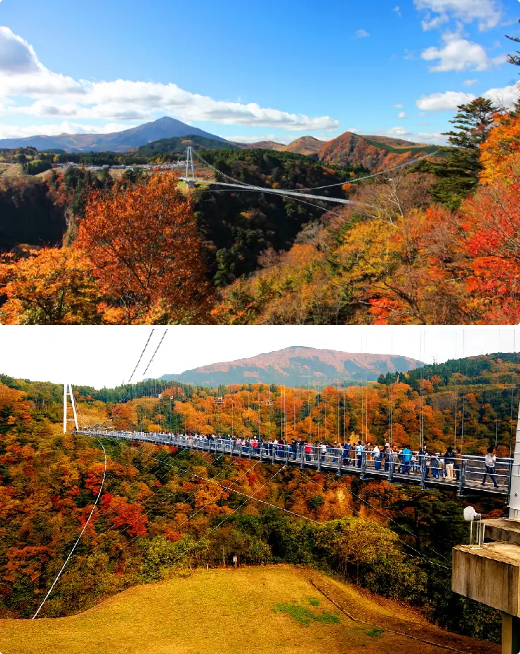 Kokonoe Yume Otsuribashi suspension bridge surrounded by vibrant autumn trees