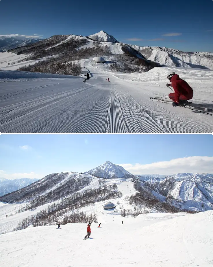 Skiers and snowboarders enjoying wide slopes at Maiko Snow Resort
