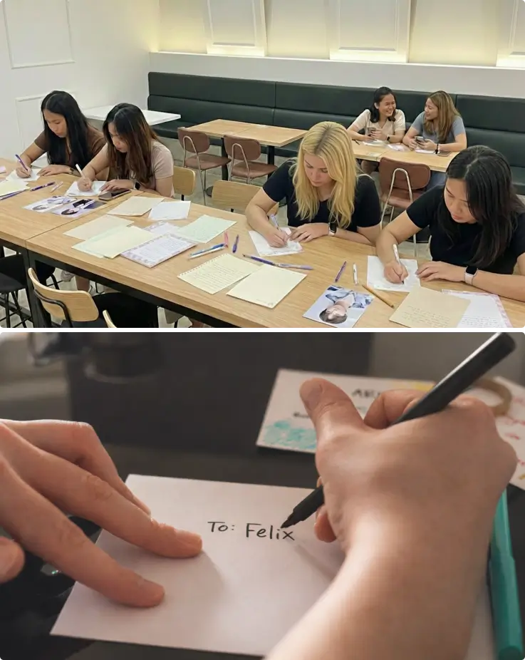 Fans writing letters to K-pop idols at Makestar/Nouer Entertainment.
