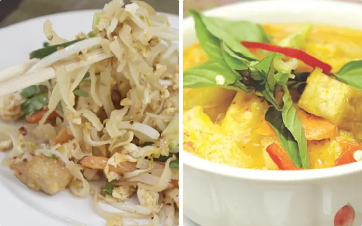 Pad Thai and Thai curry prepared at May Kaidee cooking class.