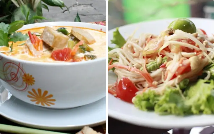 Tom Yum soup and papaya salad prepared at May Kaidee Thai cooking class.