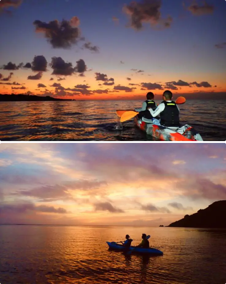 Kayaking on tranquil sea at sunrise in Miyakojima Island, Japan