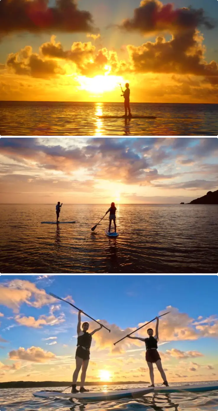 Sunrise stand up paddleboarding on calm ocean waters in Miyakojima Island