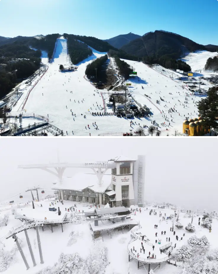 Snow-covered view of Yongpyong Ski Resort in Korea.