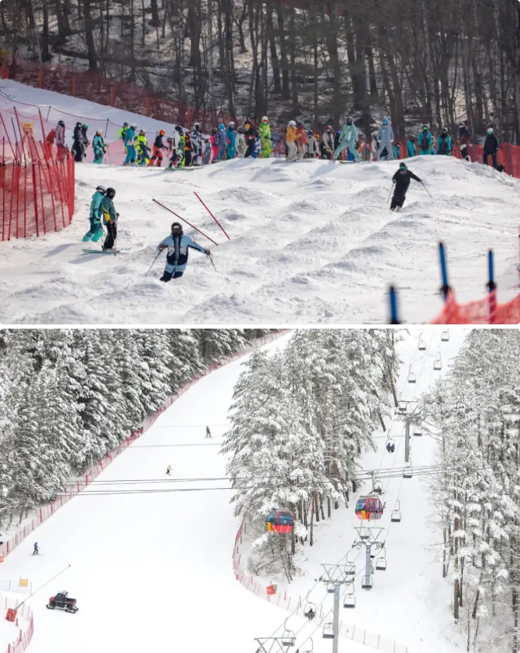 Skiers in helmets gliding down the slopes at Yongpyong Ski Resort.