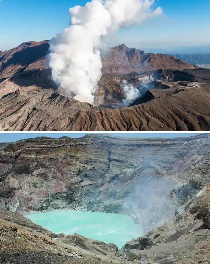 Mount Aso volcanic crater landscape in Kyushu, Japan