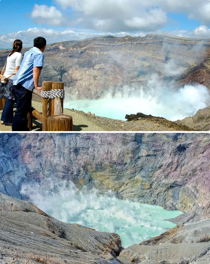 Active volcanic crater of Mt. Aso Nakadake with dramatic landscape in Kyushu, Japan