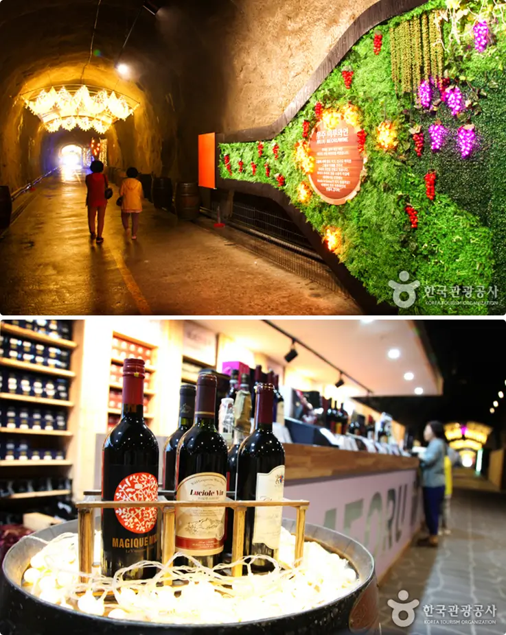 Interior of Muju Meoru Wine Cave with wine bottles displayed along tunnel walls.