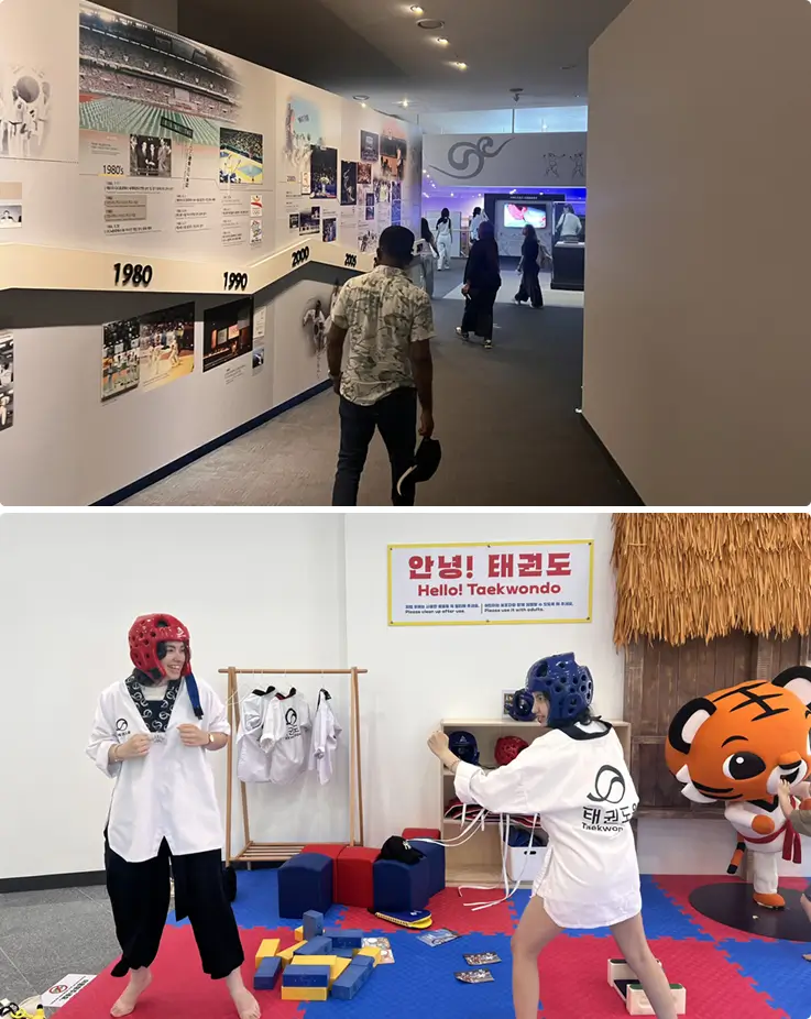 Exhibit of taekwondo uniforms and historical timeline at the National Taekwondo Museum.