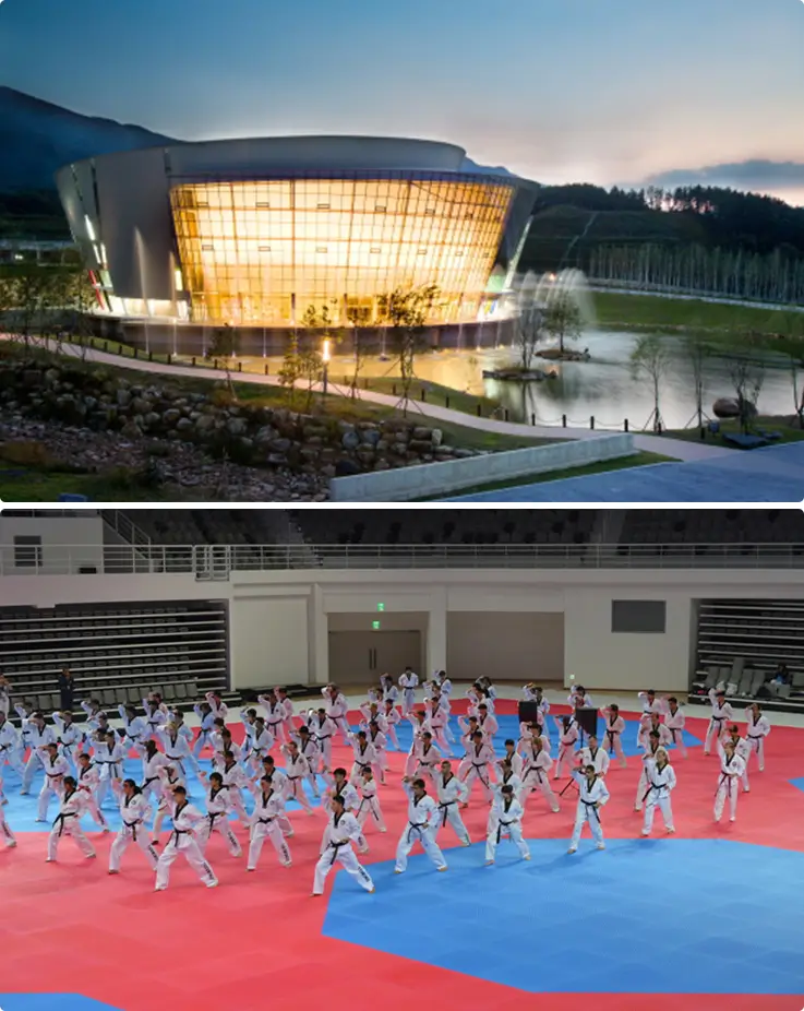 Taekwondo practitioners performing martial arts in Taekwondowon, Muju.