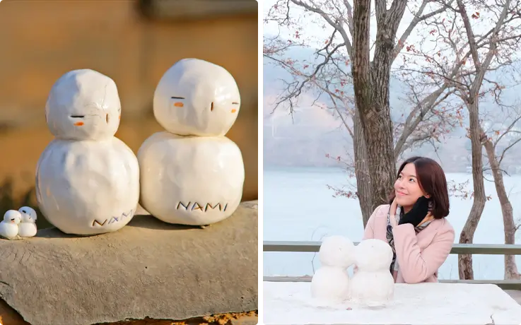 Snowman-shaped pottery on the left and a visitor taking photos with a snowman on the right at Nami Island in winter