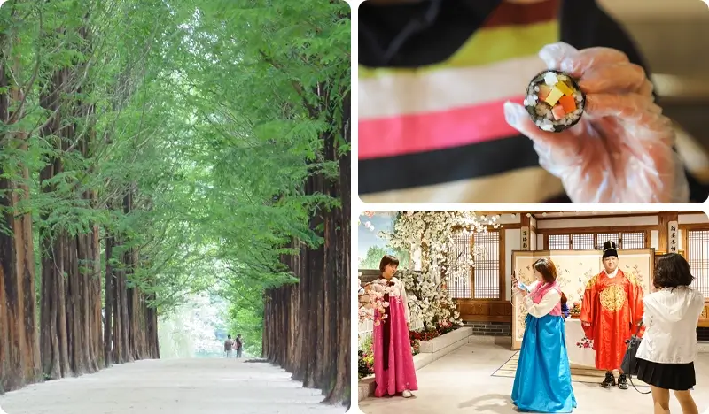 Nami Island + Hanbok & Gimbap Experience (+ Rail Bike/ Waterfall/ Eobi Ice Valley/ Strawberry Picking option) 1 Day Tour - from Seoul