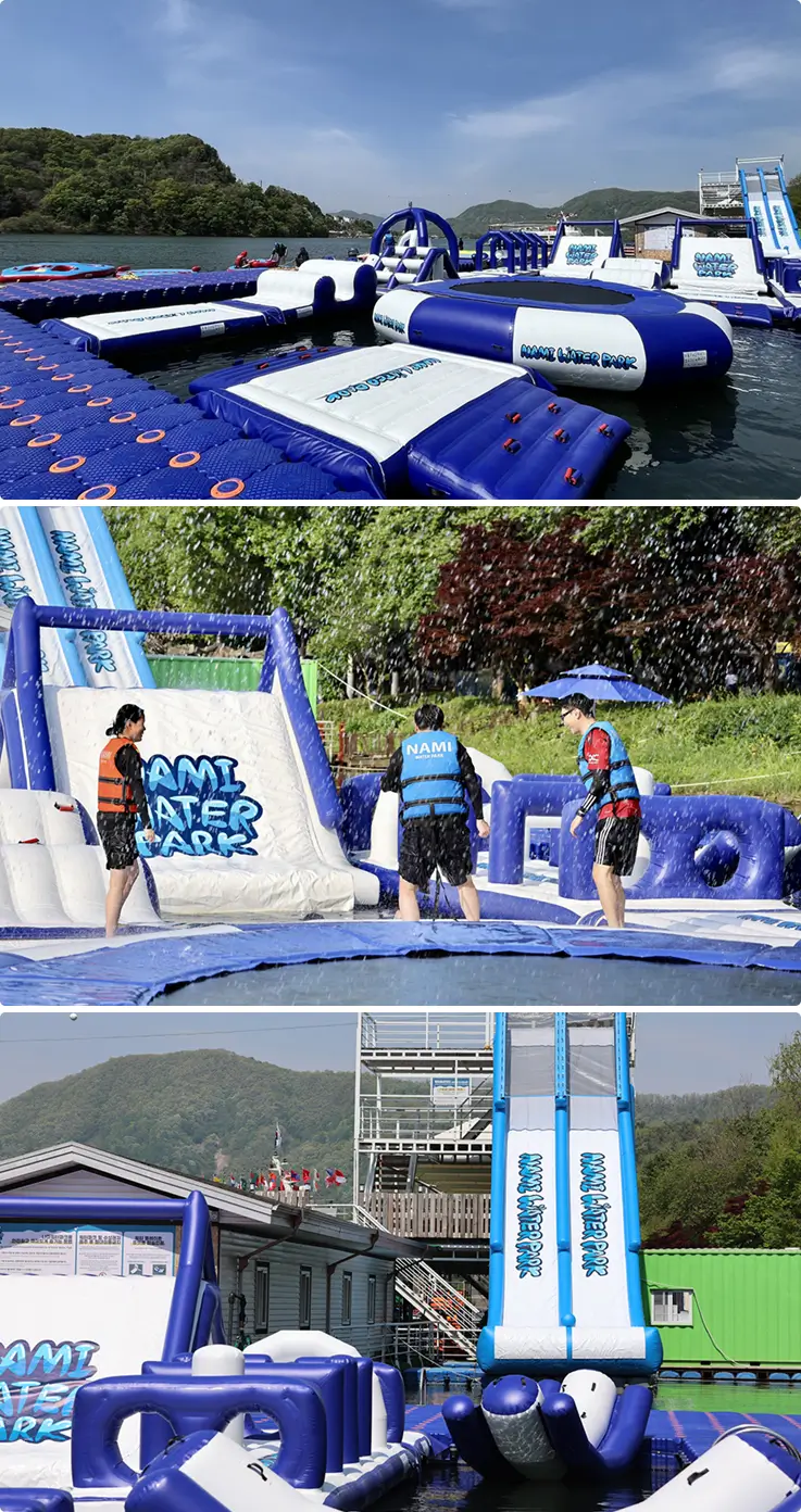 Visitors enjoying the floating water park and inflatable slides at Nami Water Park, Nami Island.