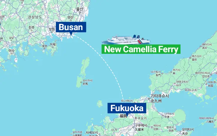 Sailing route of the New Camellia Cruise between Busan and Fukuoka.